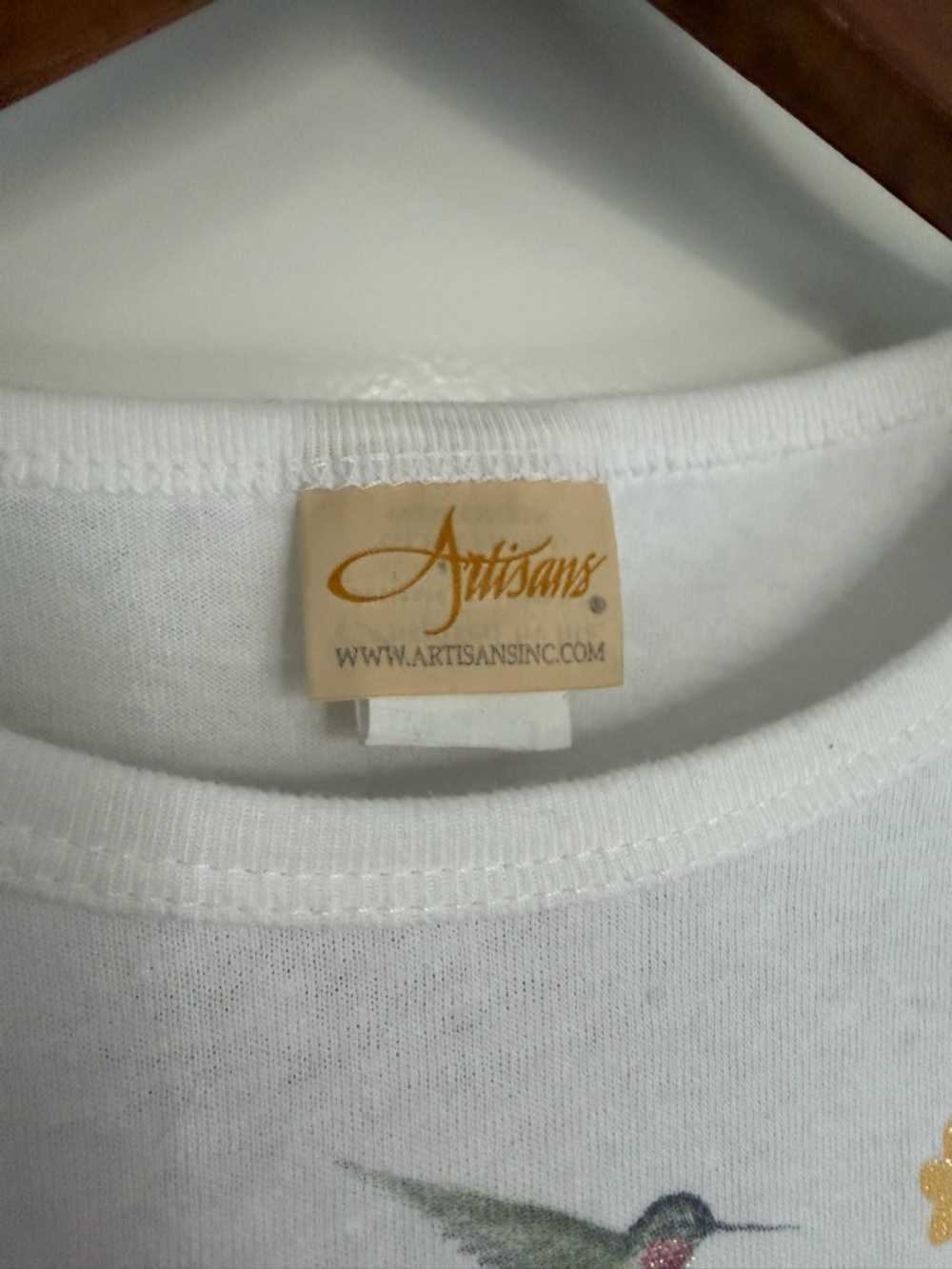 Artisan Vintage White Tee with Yellow & Purple Floral Butterfly Hummingbird - Picture 3 of 4